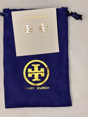 Tory Burch Gold and White Mother-of-Pearl Logo Stud Earrings